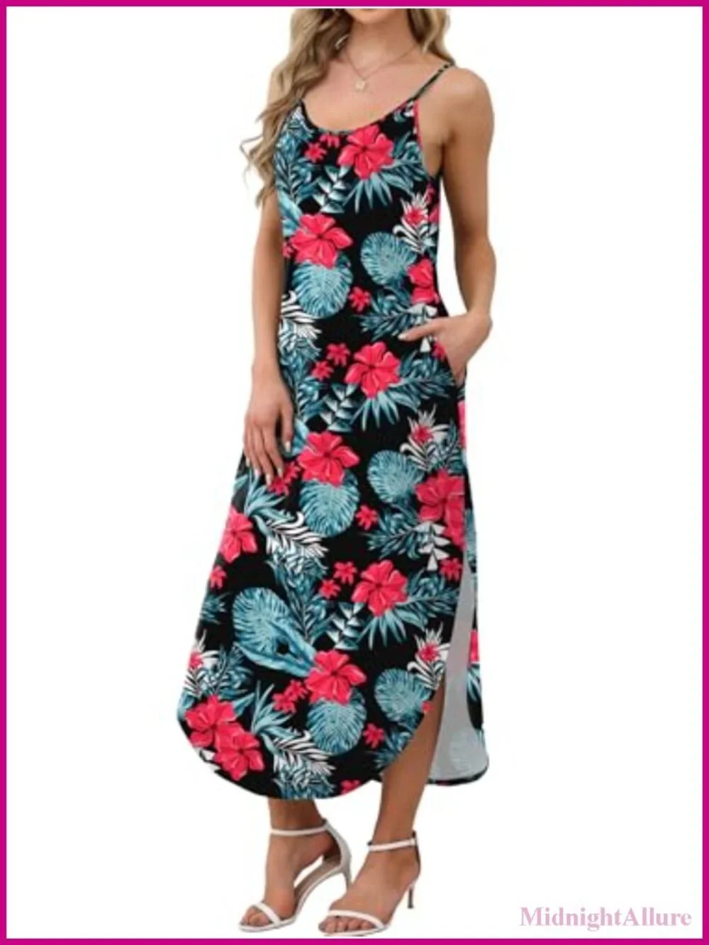 Maxi Dress Spaghetti Strap Sleeveless V-Neck Hawaiian Casual Summer Beach - Picture 3 of 6